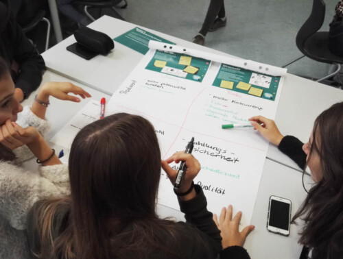 Junge MeinKlick Shopping Coaches kommen für interaktive Workshops an Schulen, um sich gemeinsam mit den Jugendlichen und ihrem (Online)-Konsumverhalten auseinanderzusetzen.